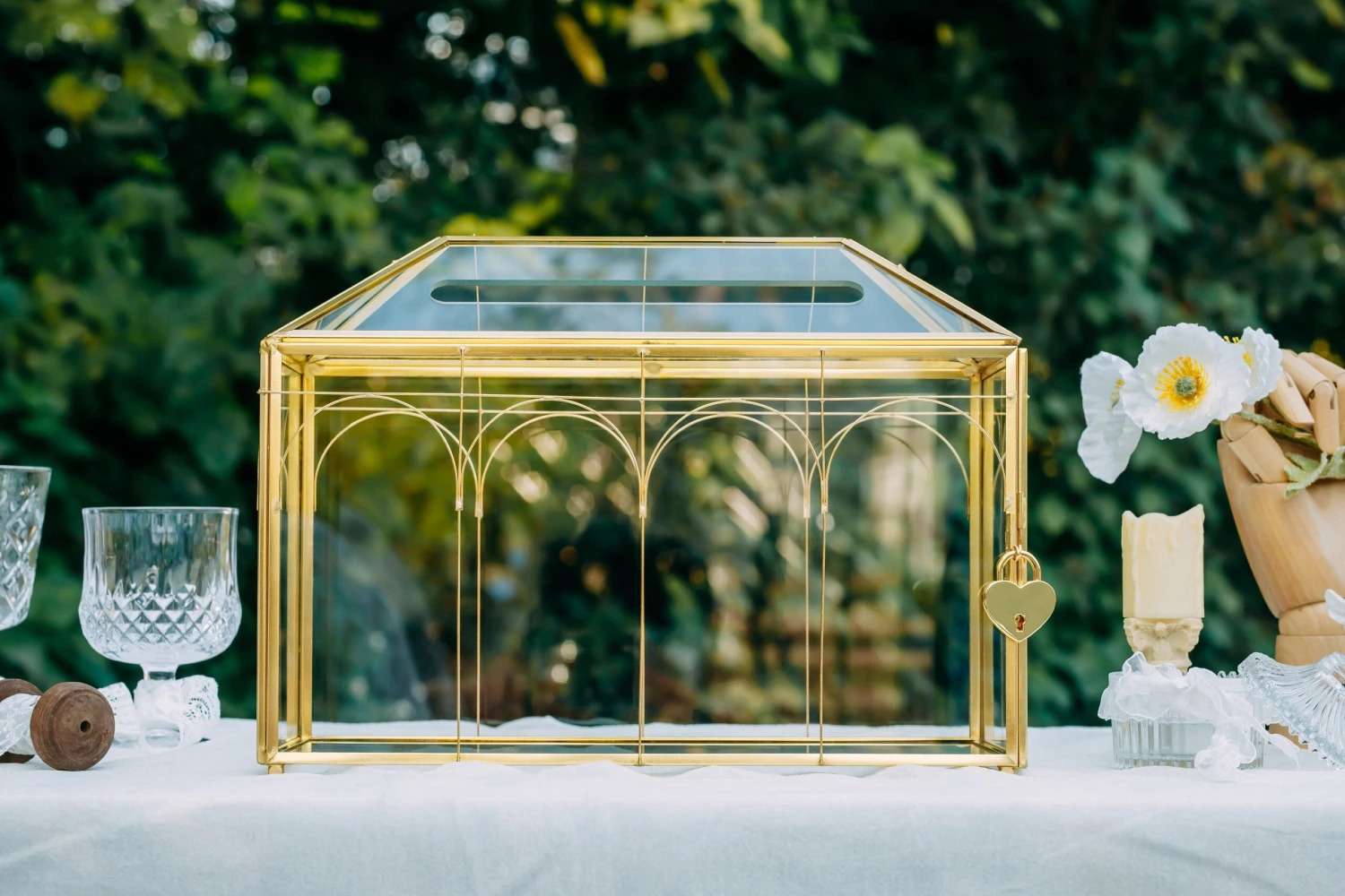 Vintage Gold Large Geometric Glass Card Box Terrarium With Slot, Heart Lock, Foot, Handmade Brass For Wedding Reception Wishwell Keepsake 4 Vintage Gold Large Geometric Glass Card Box Terrarium With Slot, Heart Lock, Foot, Handmade Brass For Wedding Reception Wishwell Keepsake - Image 2