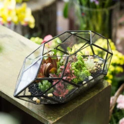 Handmade 11" Height Long Irregular Oval Geometric Glass Terrarium Lantern For Fern Moss Succulents -Ncyp Garden Store product image 386949515