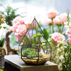 Handmade Hanging Six-surface Diamond Glass Geometric Terrarium With 3 Spaced Opening For Succulents -Ncyp Garden Store product image 482680867