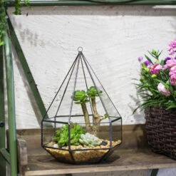 Handmade Hanging Six-surface Diamond Glass Geometric Terrarium With 3 Spaced Opening For Succulents -Ncyp Garden Store product image 482680884