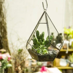 Handmade Artistic Hanging Glass Teardrop Diamond Geometric Terrarium With Loop For Succulent Moss -Ncyp Garden Store product image 490452742