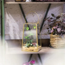 Handmade Copper Gold Echelon Geometric Glass Terrarium Hanging Wall Holder Lantern With Handle -Ncyp Garden Store product image 557798860