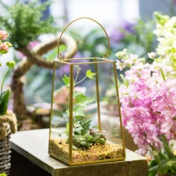 Handmade Copper Gold Echelon Geometric Glass Terrarium Hanging Wall Holder Lantern With Handle -Ncyp Garden Store product image 557798864