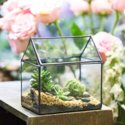 Handmade Black House Shape Glass Geometric Terrarium Wth Lid For Succulent Fern Moss Airplants -Ncyp Garden Store product image 564595357