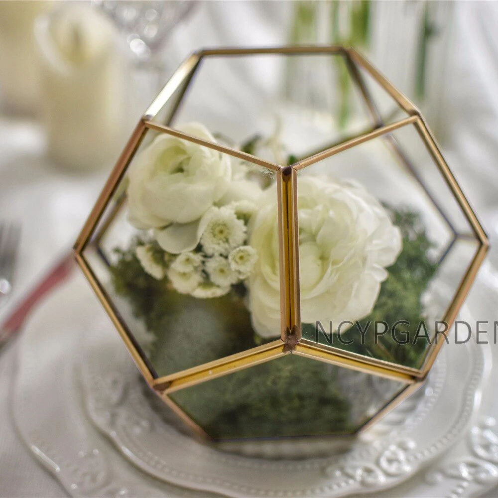 Handmade Gold Tabletop Polyhedron Glass Geometric Terrarium For Wedding Section Reception 13 Handmade Gold Tabletop Polyhedron Glass Geometric Terrarium For Wedding Section Reception - Image 11