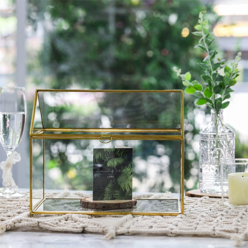 Handmade Gold House Shape Glass Geometric Terrarium Card Wishwell Reception Box For Wedding Ceromony 2 Handmade Gold House Shape Glass Geometric Terrarium Card Wishwell Reception Box For Wedding Ceromony